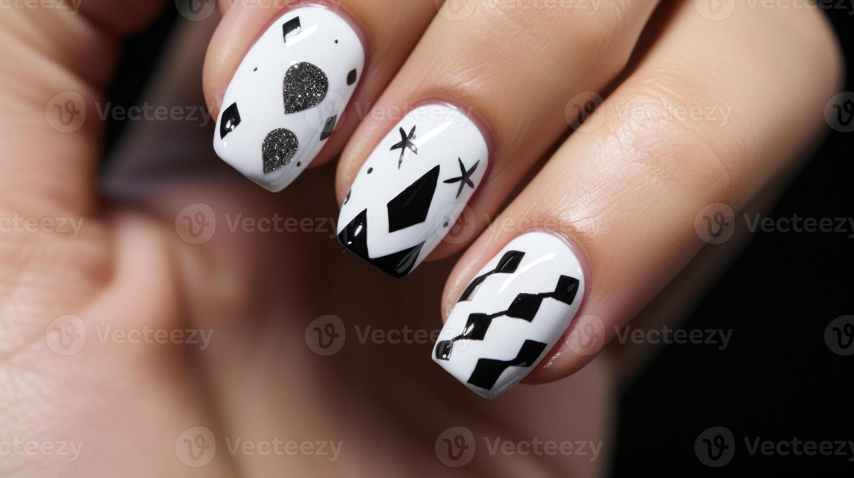 A closeup of a black and white nail design, featuring tiny handpainted hearts and arrows representing a modern and edgy take on Valentines Day. photo
