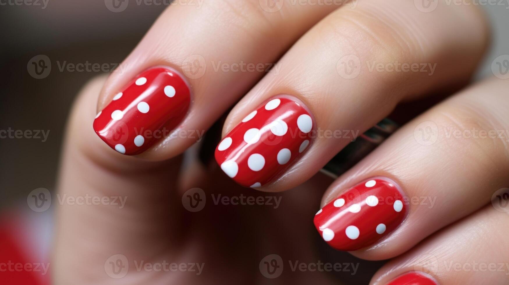 A detailed shot of a red and white polka dot nail design, with tiny silver hearts and a handdrawn cupids arrow for a playful and fun twist. photo