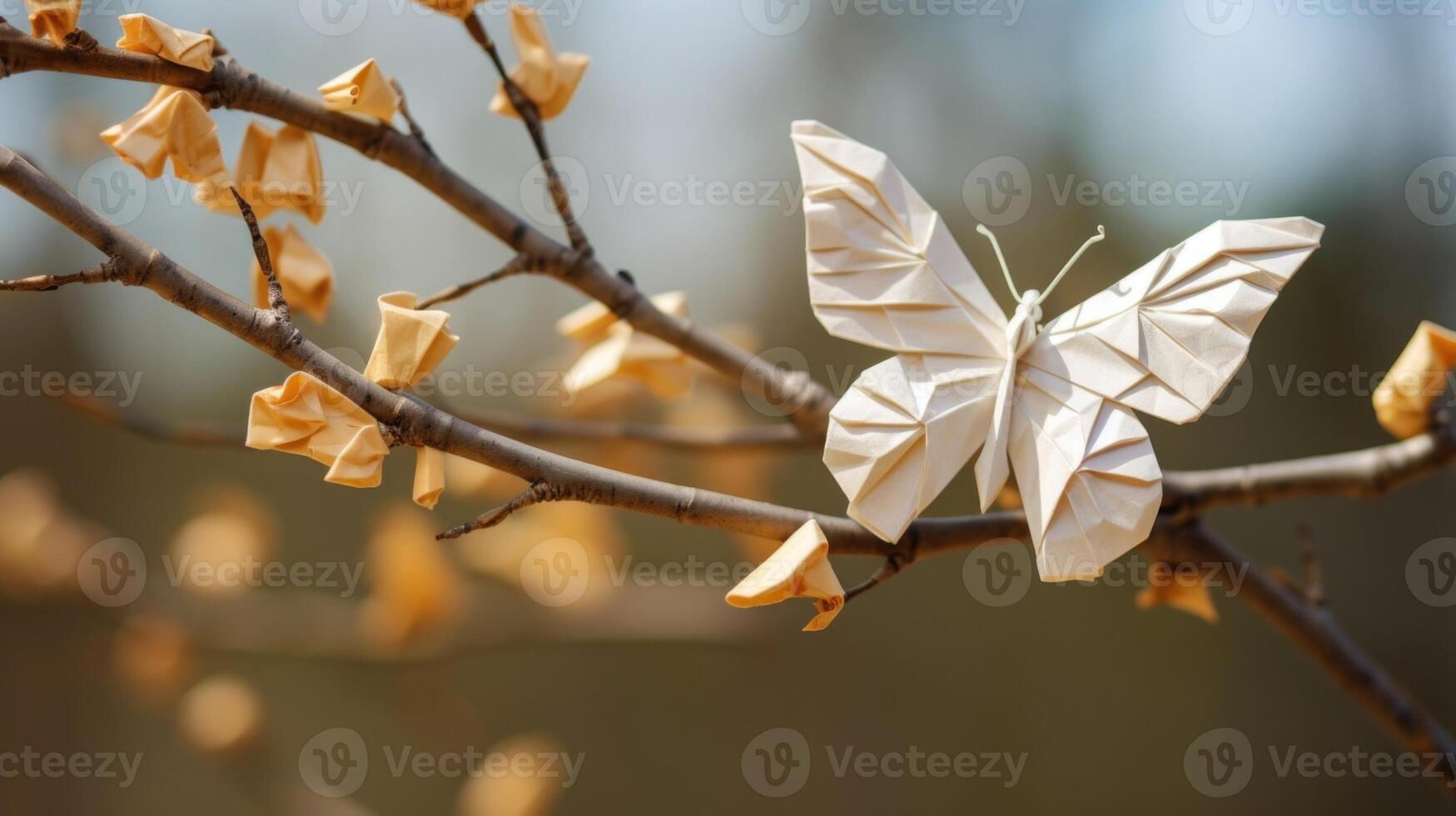 A paper erfly, delicately folded and p on a branch, symbolizing the transformative power of love and how it can bring beauty and joy to ones life. photo