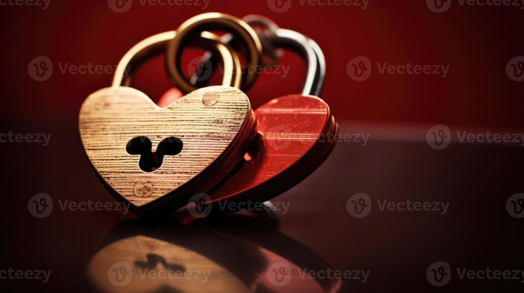 Two small keys interlocking inside a heartshaped lock, visually representing how two individuals in love have the power to unlock each others hearts. photo