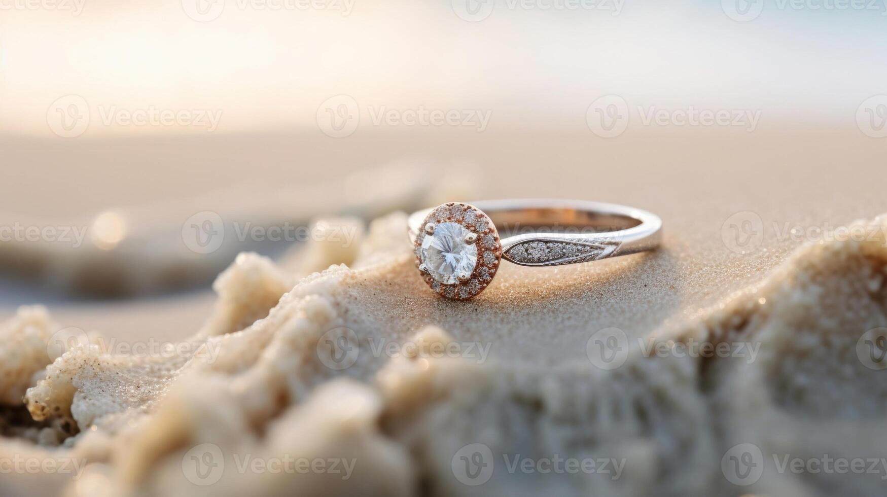 A sparkling diamond engagement ring, p delicately on a seashell and surrounded by tiny white flowers tered on the sand. photo