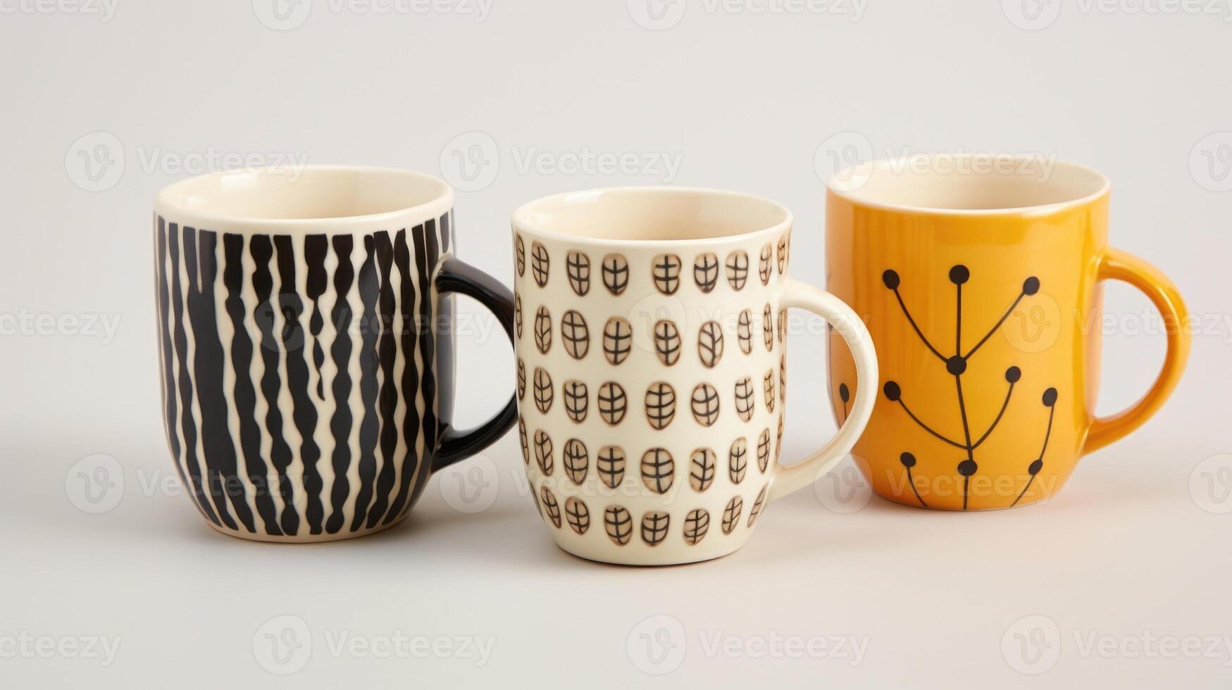 A set of ceramic mugs, each with their own quirks and handpainted patterns, making morning coffee just a little more special. photo