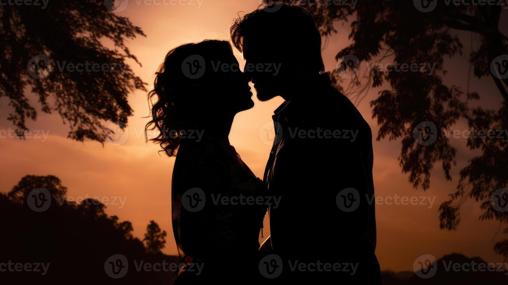 Two silhouettes merge into one as they lean in for a kiss, their shadows blending and creating a breathtaking romantic scene. photo