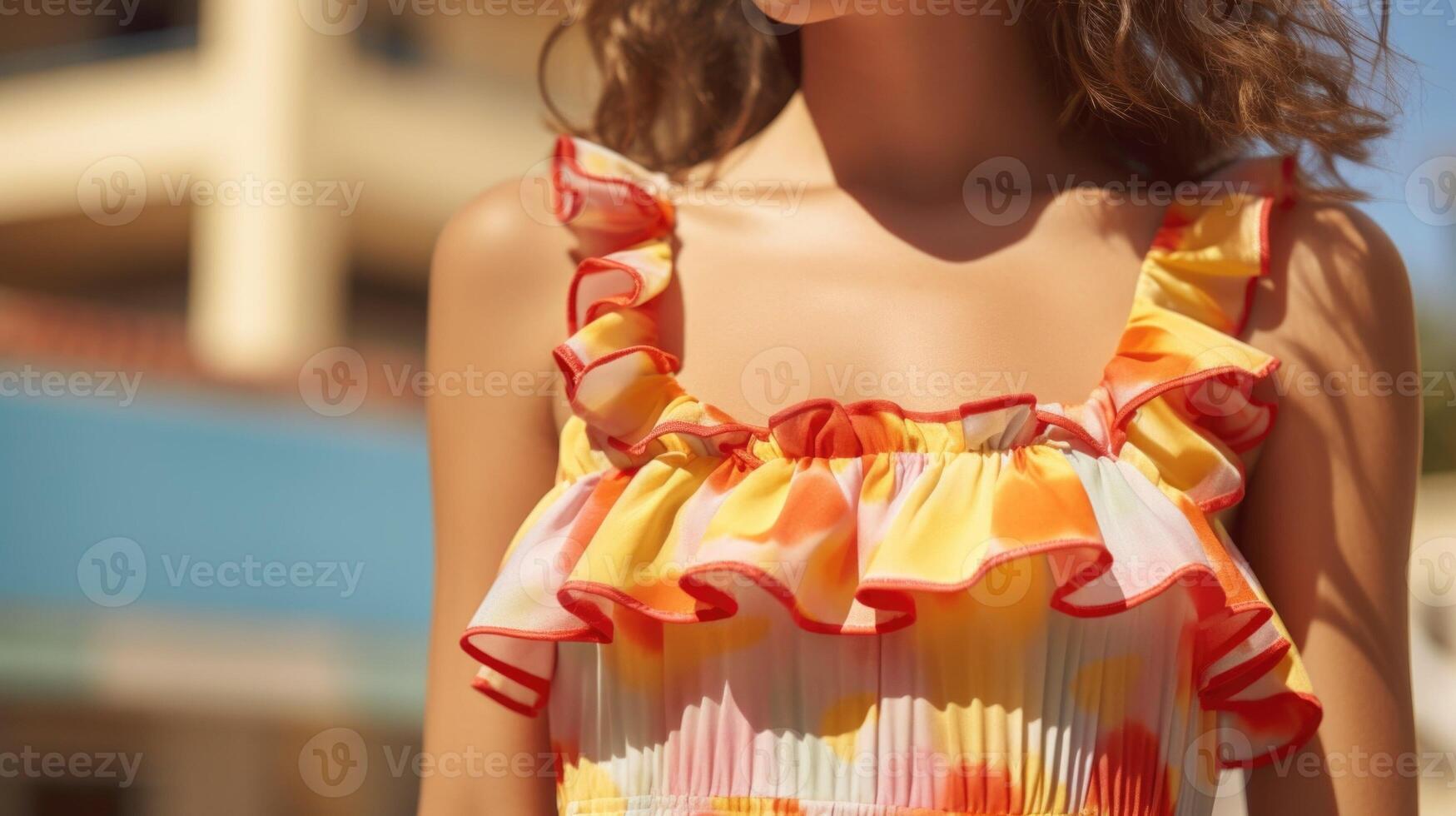 Closeup of a ruffled Peach Fuzz swim dress with a fun retro print, featuring pops of red and yellow for a bold and playful look. photo