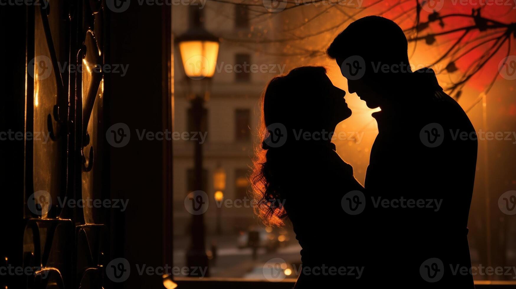 The silhouette of a couple can be seen through a frosted window, their shadows dancing in the warm glow of a streetlamp, adding to the romantic flair of the cityscape on Valentines Day. photo