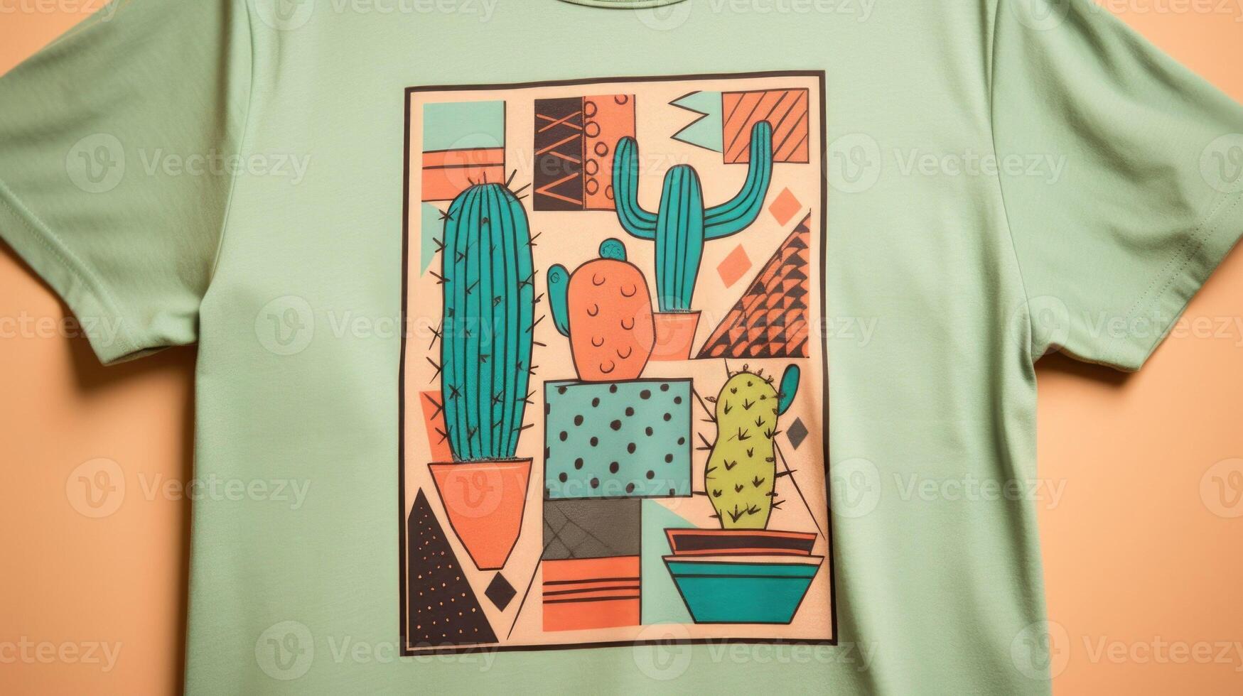 Closeup of a Peach Fuzz graphic tee with a whimsical cactus design made up of bold geometric shapes in shades of green and blue. photo