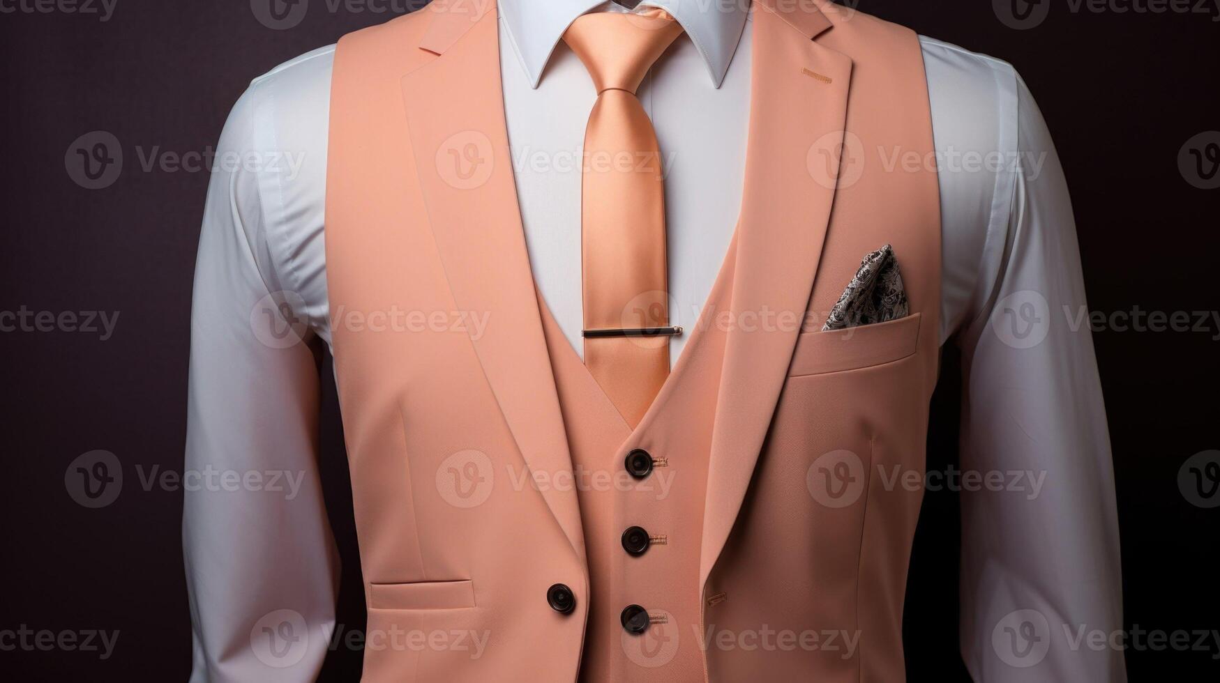 Closeup of a Peach Fuzz threepiece suit, complete with a vest for a timeless and polished look. photo