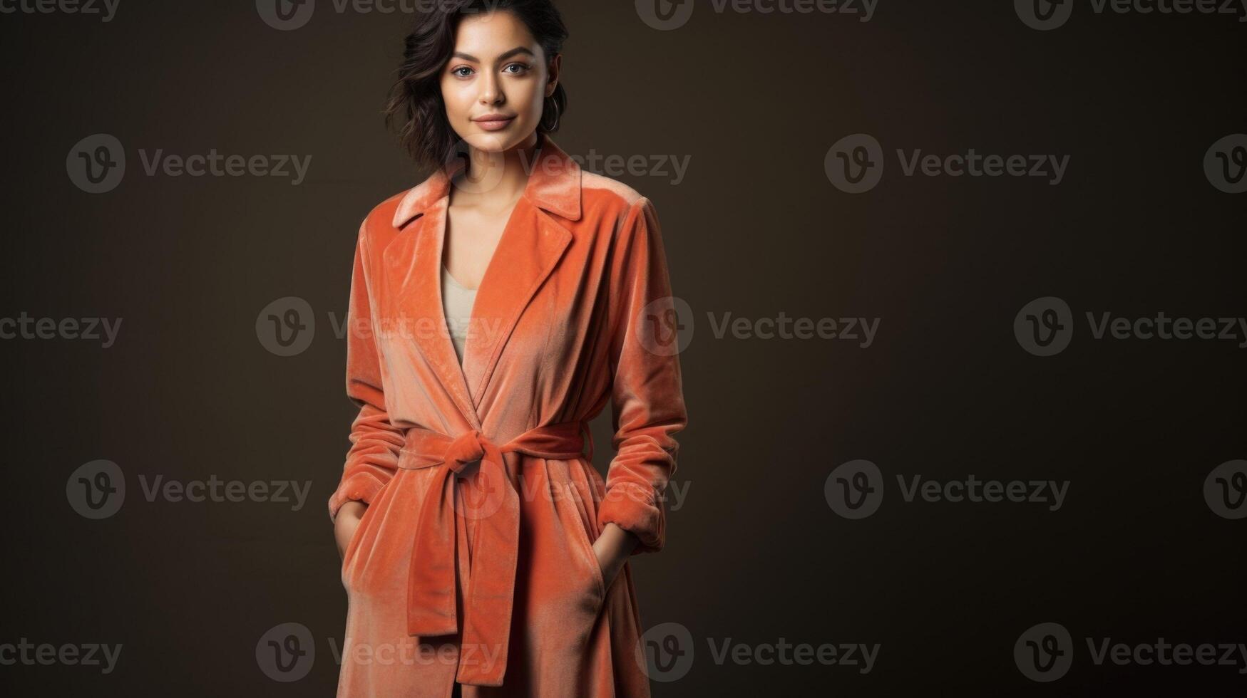 Minimalistic view of a Peach Fuzz velvet trench coat, elevating any outfit with its luxurious yet versatile design. photo