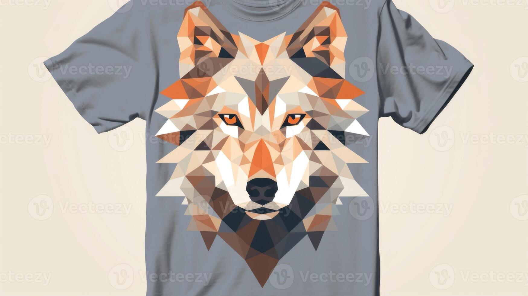 Minimalistic view of a Peach Fuzz graphic tee with a bold image of a majestic wolf surrounded by geometric shapes in shades of gray and white. photo