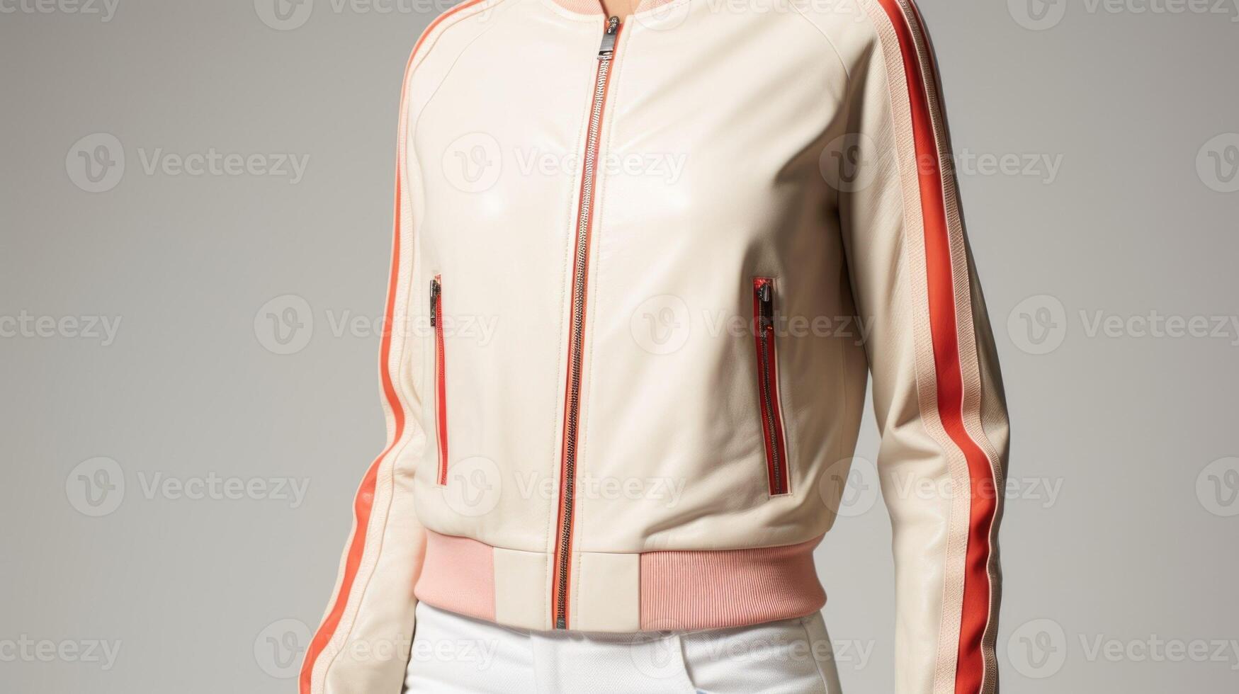 A bomber style leather jacket in creamy white, finished with a unique Peach Fuzz stripe down each sleeve for a unique look. photo