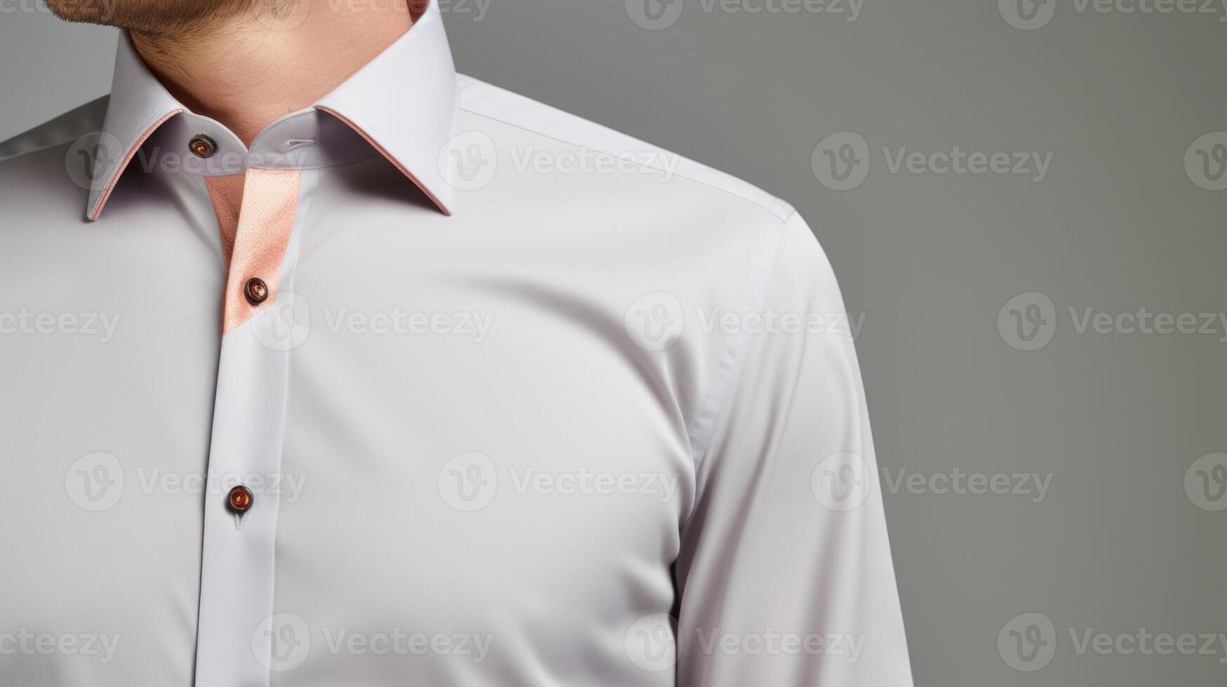 Minimalistic view of a modern mens business shirt in a light grey hue, finished with a stylish Peach Fuzz contrast trim along the collar and on placket. photo
