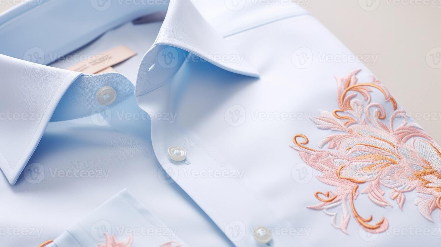 Closeup of a finely tailored mens dress shirt in a soft pastel blue shade, featuring intricate Peach Fuzz embroidery on the chest pocket for a refined look. photo