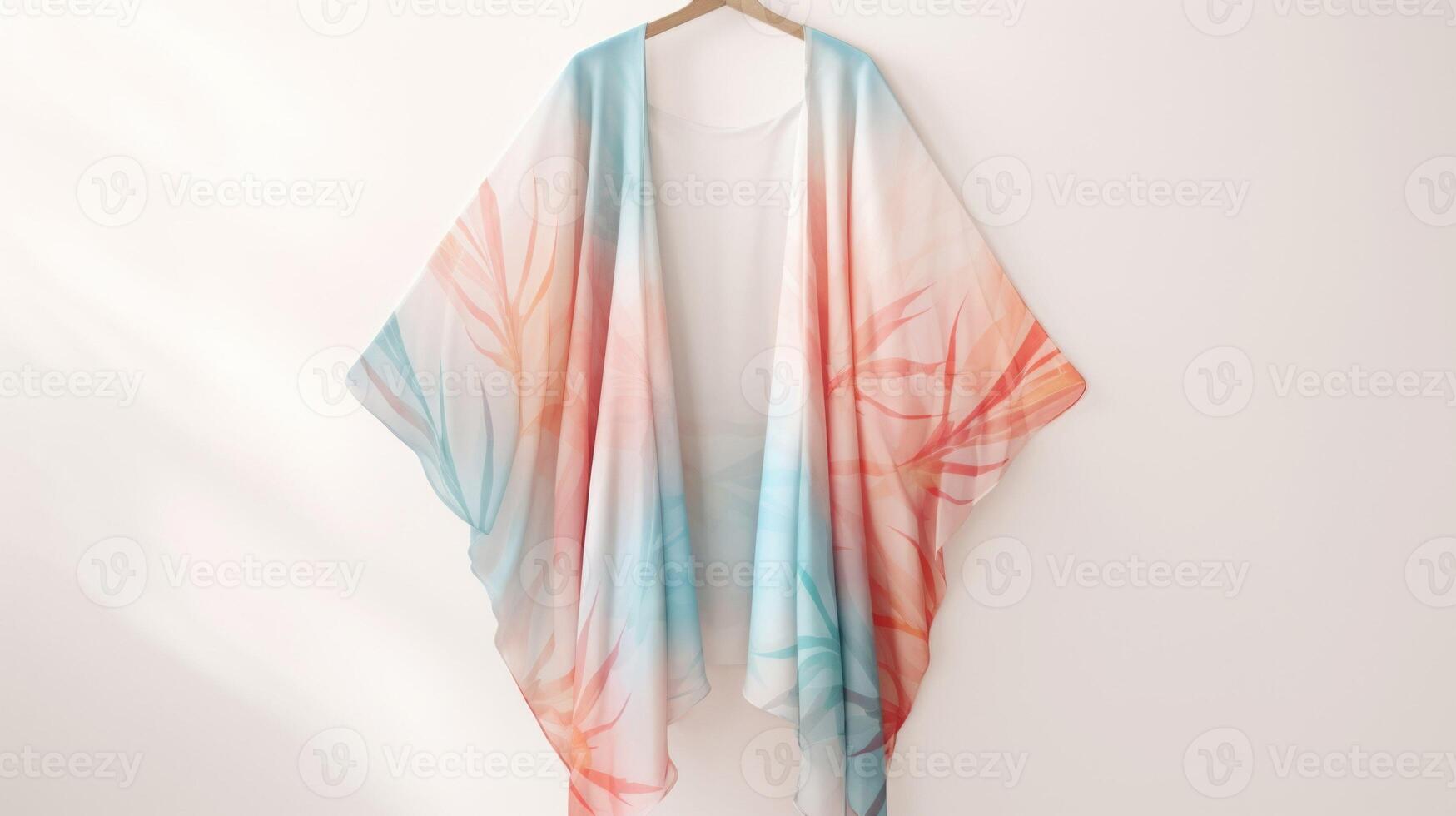 Minimalistic view of a flowy kimono in a dreamy Tropical print, with watercolorstyle Peach Fuzz palm leaves and splashes of vibrant pink and aqua. photo
