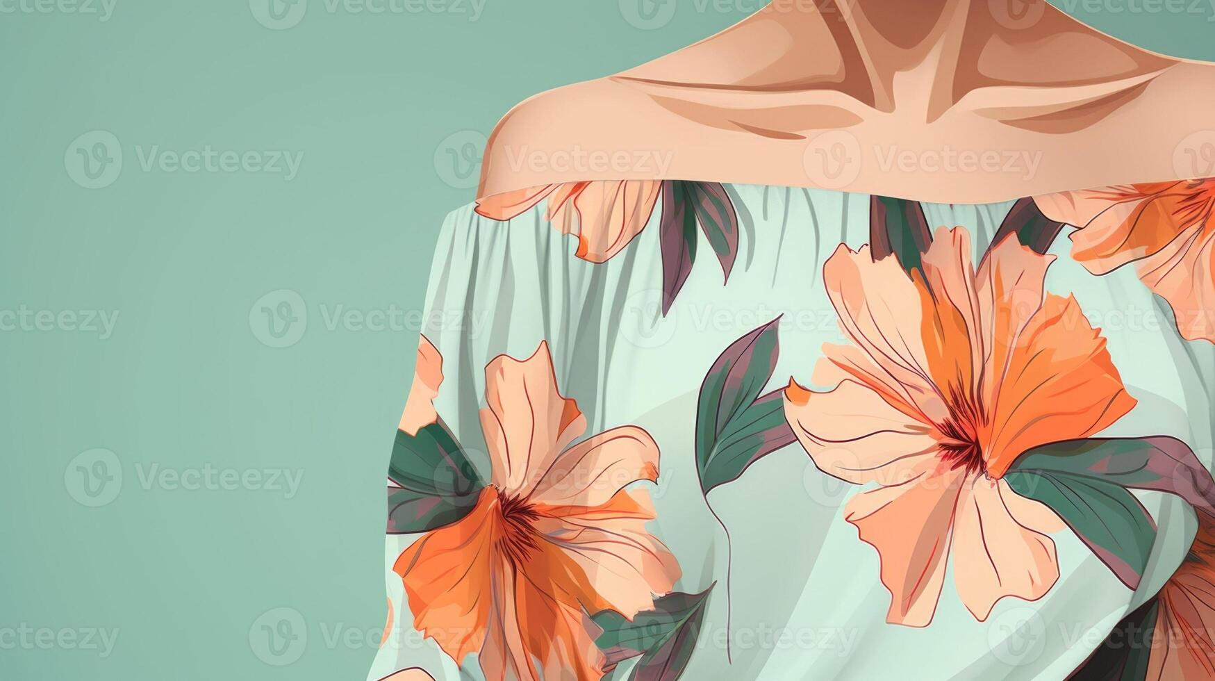 Minimalistic view of a breezy offtheshoulder top in a striking Tropical print, with oversized Hibiscus flowers in shades of Peach Fuzz, mint green, and lavender. photo