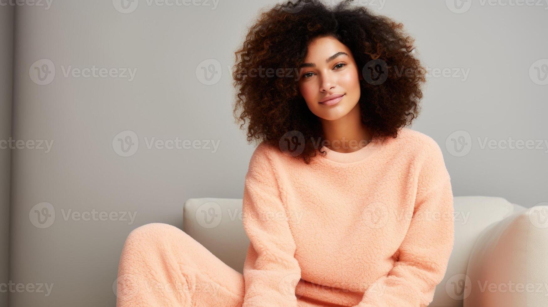Minimalistic view of a Peach Fuzz loungewear set, featuring a plush teddy fleece fabric for ultimate coziness. photo