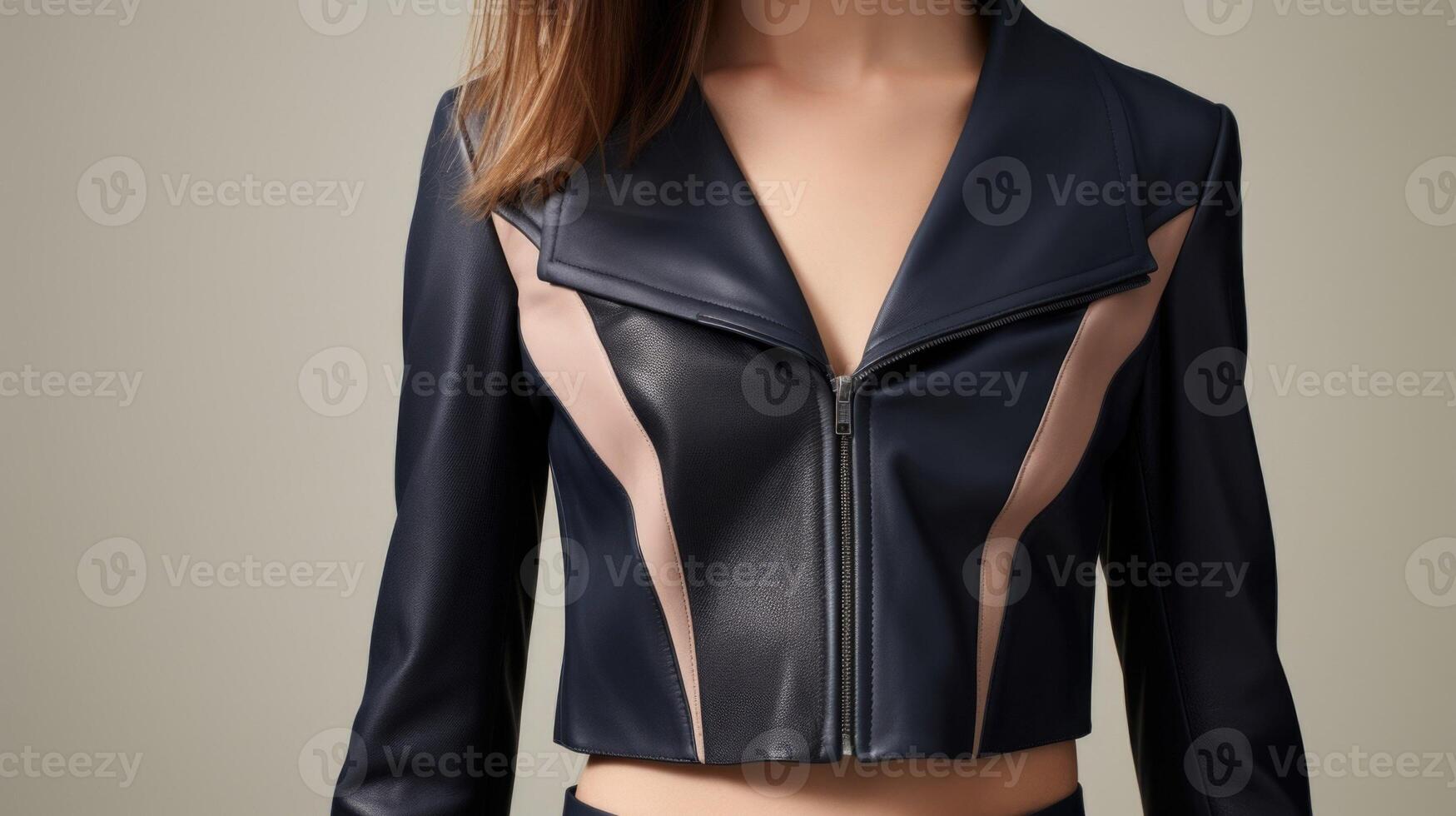 A cropped leather jacket in a deep navy hue, featuring delicate Peach Fuzz panels that add a touch of texture and luxury. photo