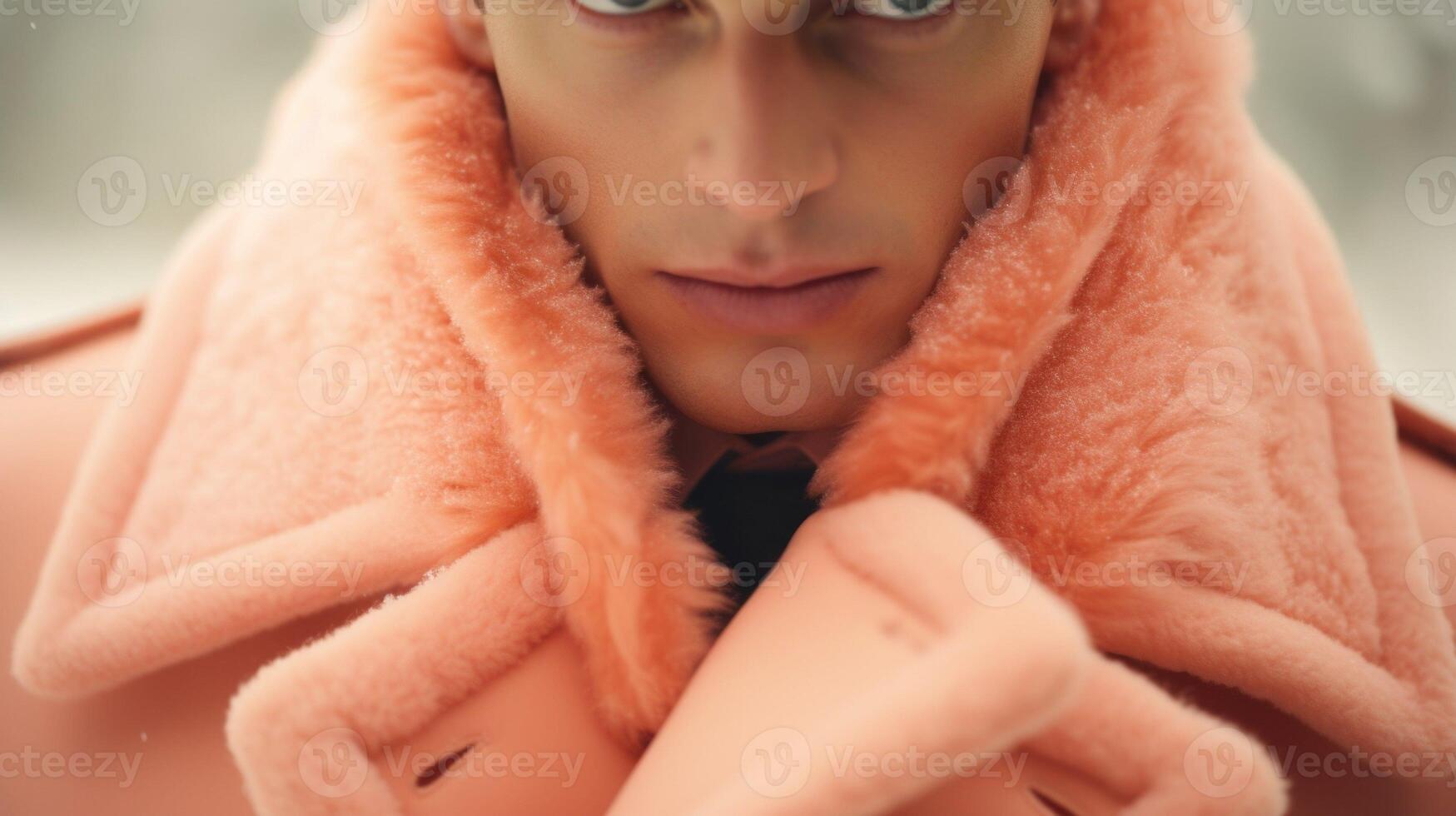 Closeup of a man in a Peach Fuzz trench coat, channeling the iconic fashion of the mysterious Jay Gatsby himself. photo
