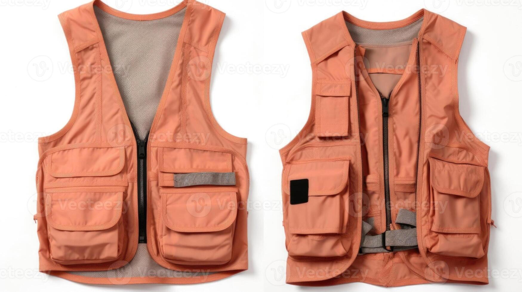 Minimalistic view of a Peach Fuzz utility vest, featuring numerous pockets for storing essentials and completing your safari look. photo