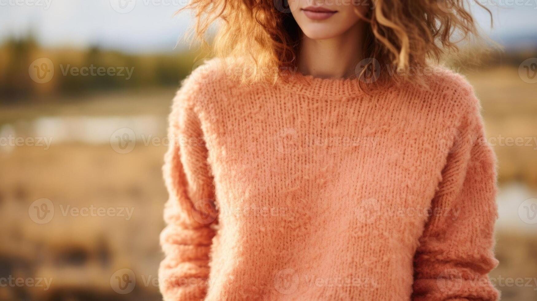 Closeup of a Peach Fuzz sweater, a cozy and versatile piece for layering in the colder months. photo