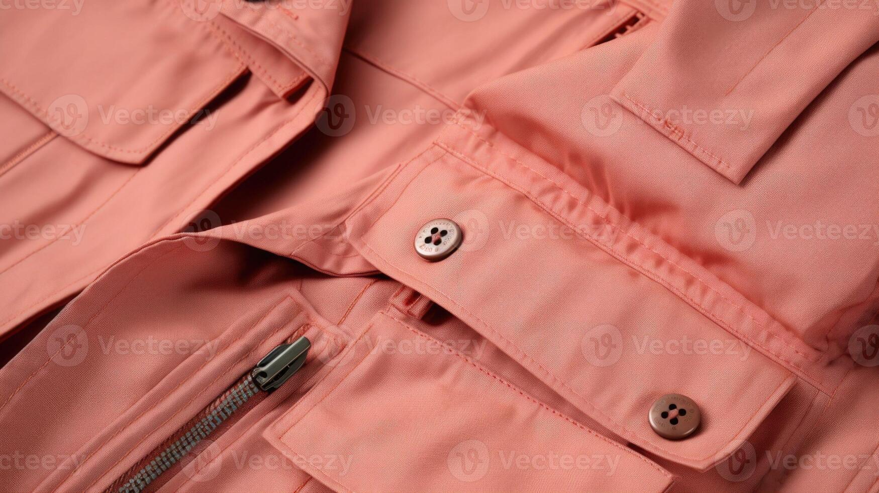 Closeup of a sleek, Peach Fuzz safari jacket with multiple pockets for convenient storage onthego. photo