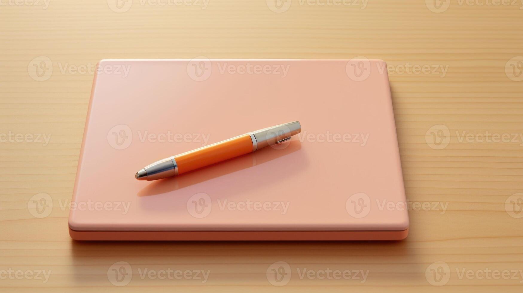 Closeup of a carefully arranged minimalistic desk, featuring a Peach Fuzz colored notebook and pen. photo