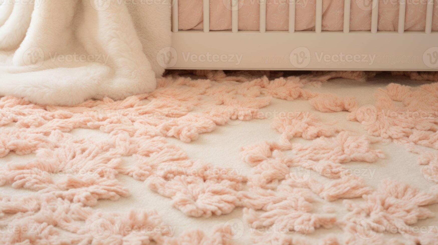 Closeup of a soft Peach Fuzz rug with intricate floral patterns, adding a cozy and feminine touch to the nursery. photo