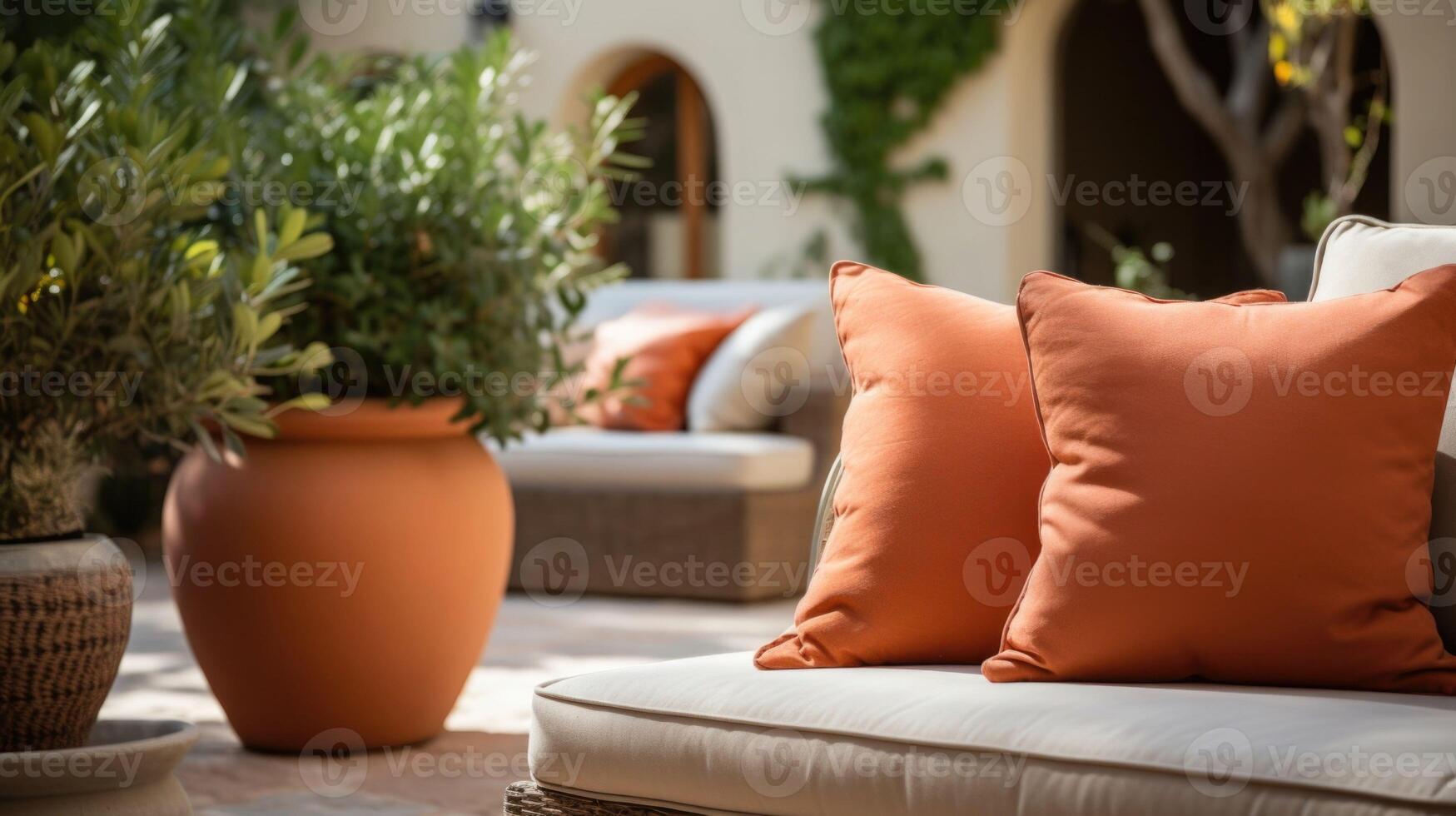 Closeup of a cozy yet sophisticated Mediterranean terrace with Peach Fuzz cushions and terracotta urns for a timeless look. photo