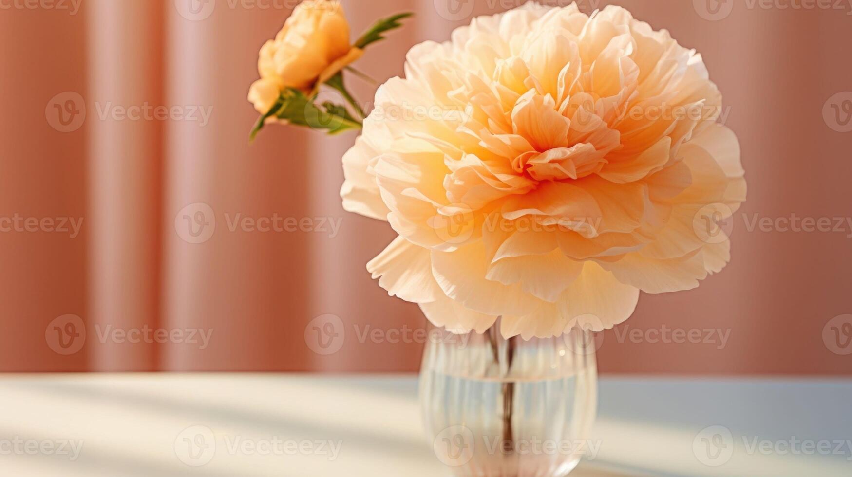 Closeup of a pale Peach colored flower in a vase, resting on a Peach Fuzz table. photo