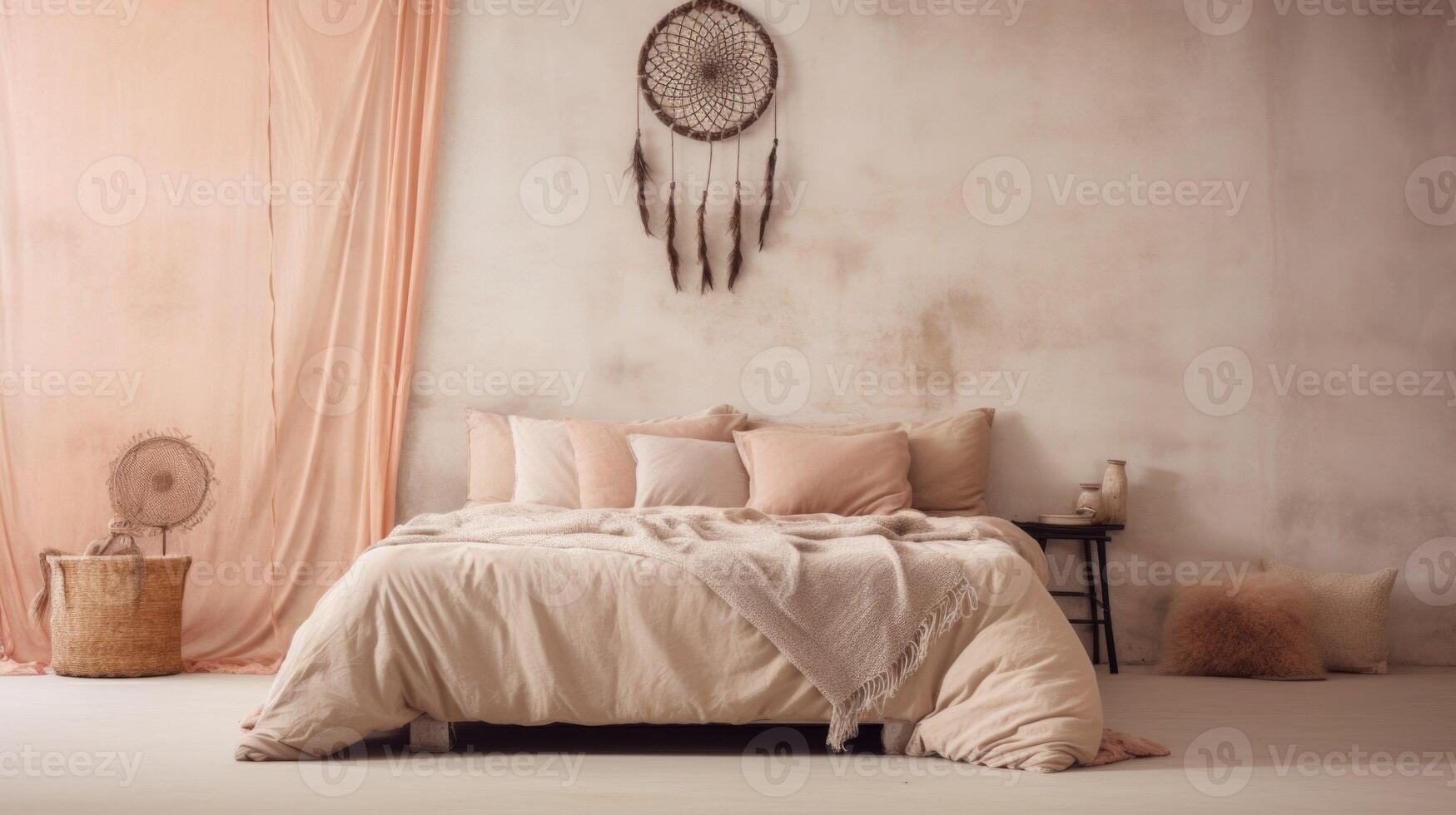 Minimalistic view of a bohemianchic bedroom, with Peach Fuzz curtains framing a dreamcatcher above the bed. photo