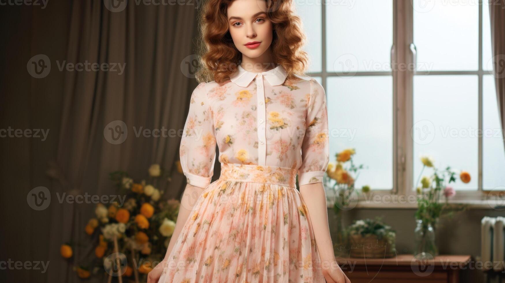 A dreamy Peach Fuzz skirt with a retroinspired print of dainty flowers and a whimsical full shape, perfect for a garden party or afternoon tea. photo