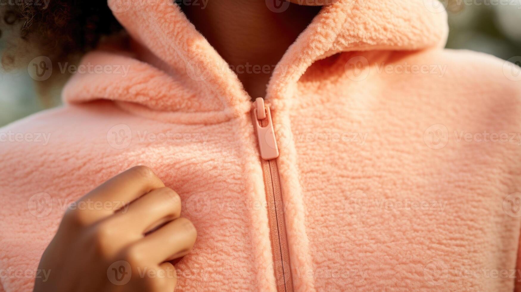 Closeup of a lightweight Peach Fuzz colored hoodie, perfect for layering with its soft material and versatile design. photo