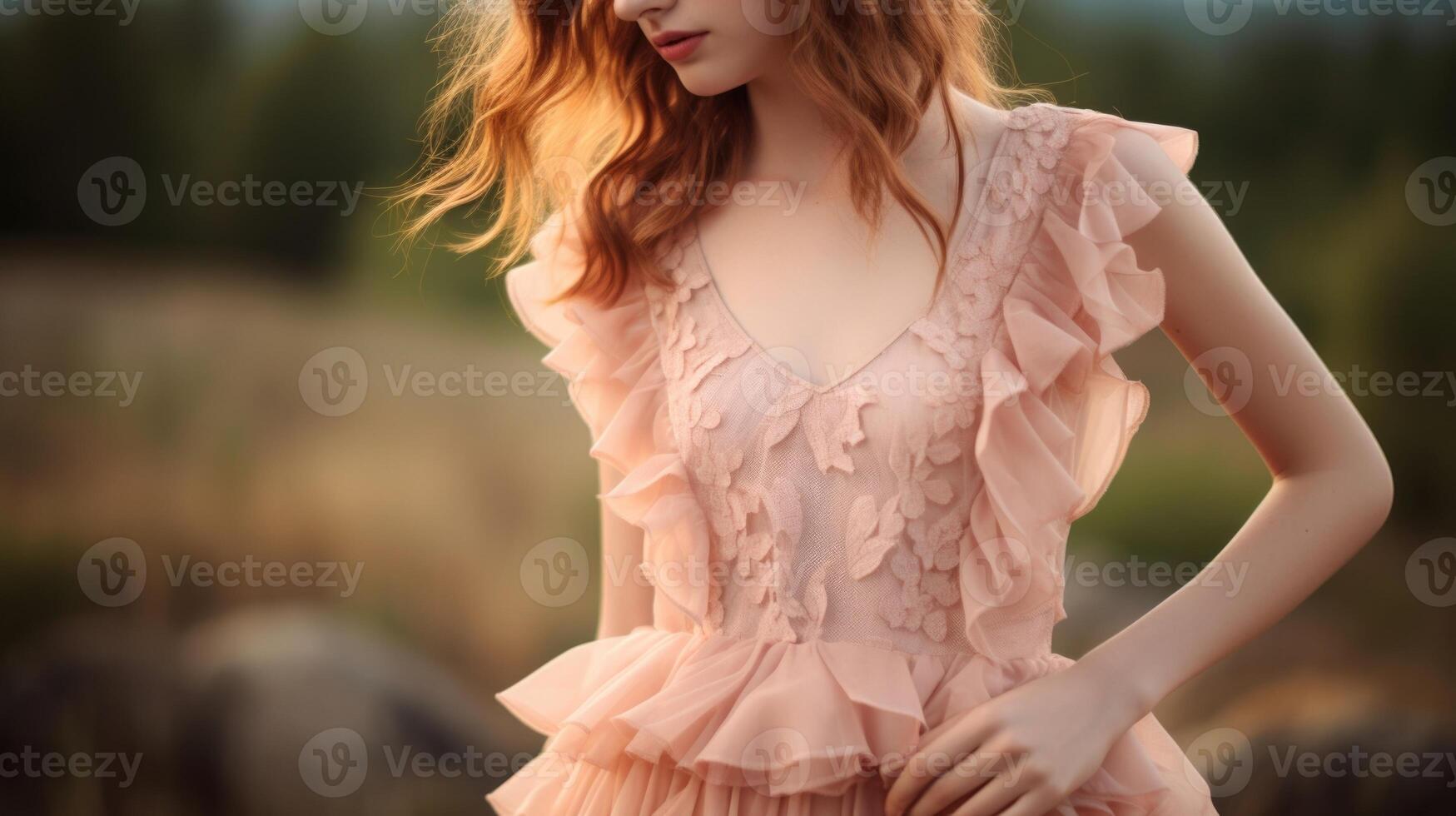 Closeup of a lightweight Peach Fuzz s with cascading ruffles and a crochet lace bodice, ideal for a breezy summer day. photo