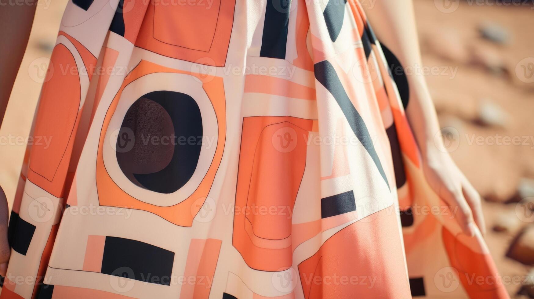 Closeup of a vintageinspired Peach Fuzz skirt with a playful, retro print of bold geometric shapes and a full, swingy silhouette. photo