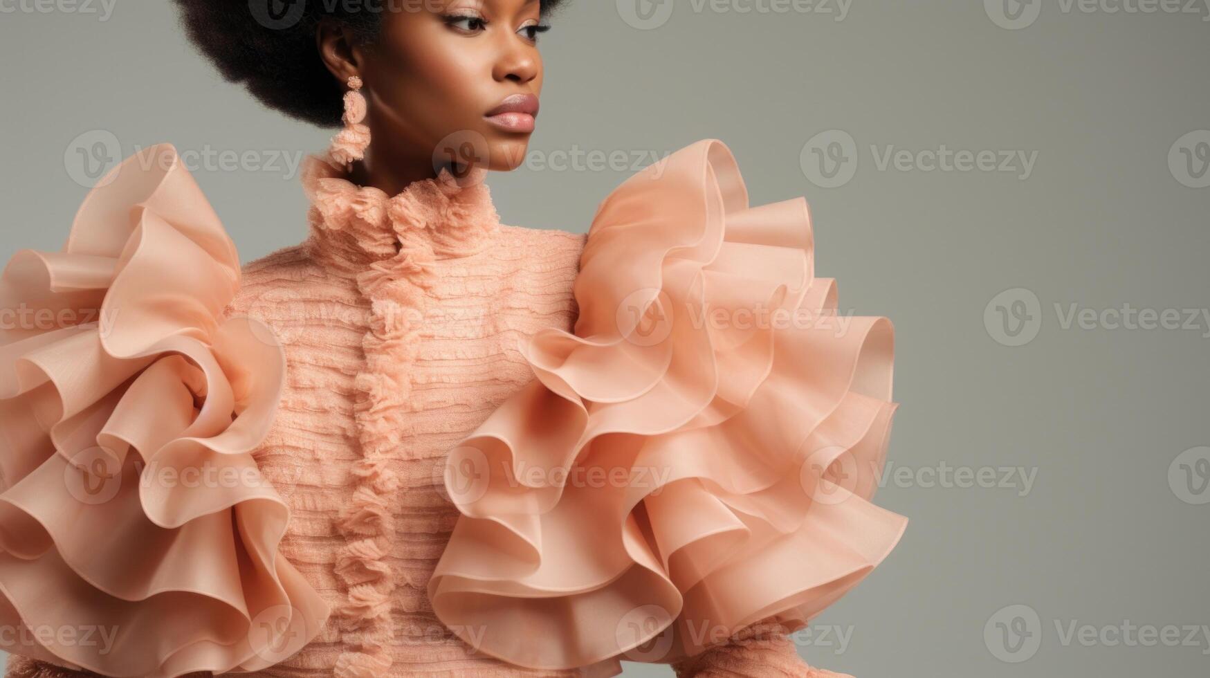 Closeup of a fashionforward suit in a peach fuzz color, featuring bold ruffles and voluminous sleeves for a statementmaking look. photo