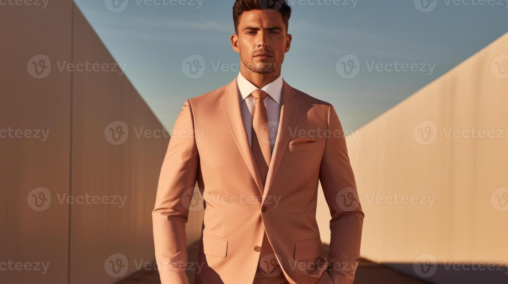 Minimalistic view of a sleek and modern suit in a muted peach fuzz hue, with edgy architectural detailing and a structured silhouette. photo