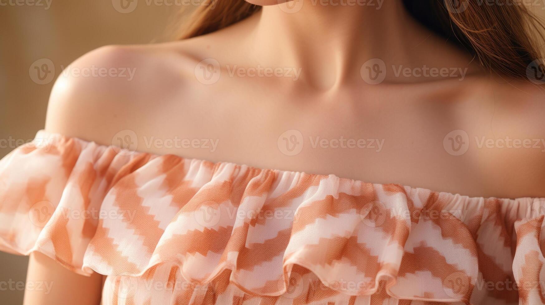 Closeup of a chic Peach Fuzz offtheshoulder dress, featuring a mix of geometric patterns and flowing, lightweight fabric. photo