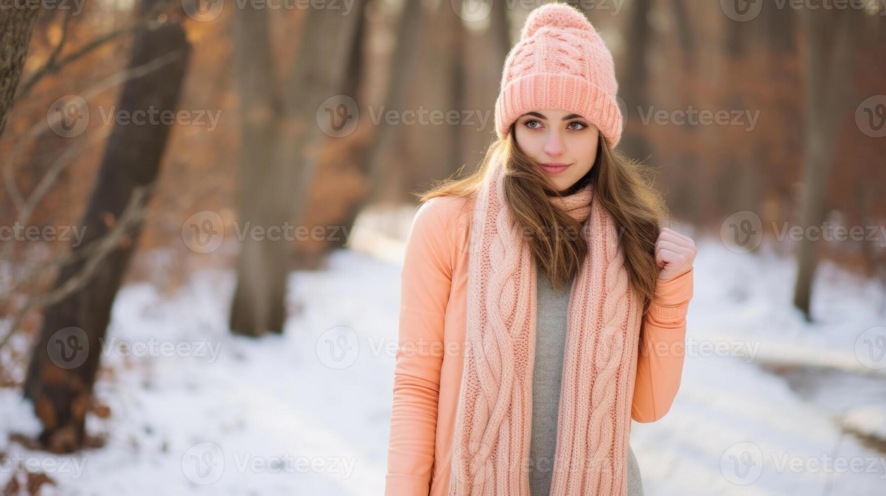 Minimalistic view of a cable knit Peach Fuzz scarf, adding a pop of warmth and color to a winter outfit. photo