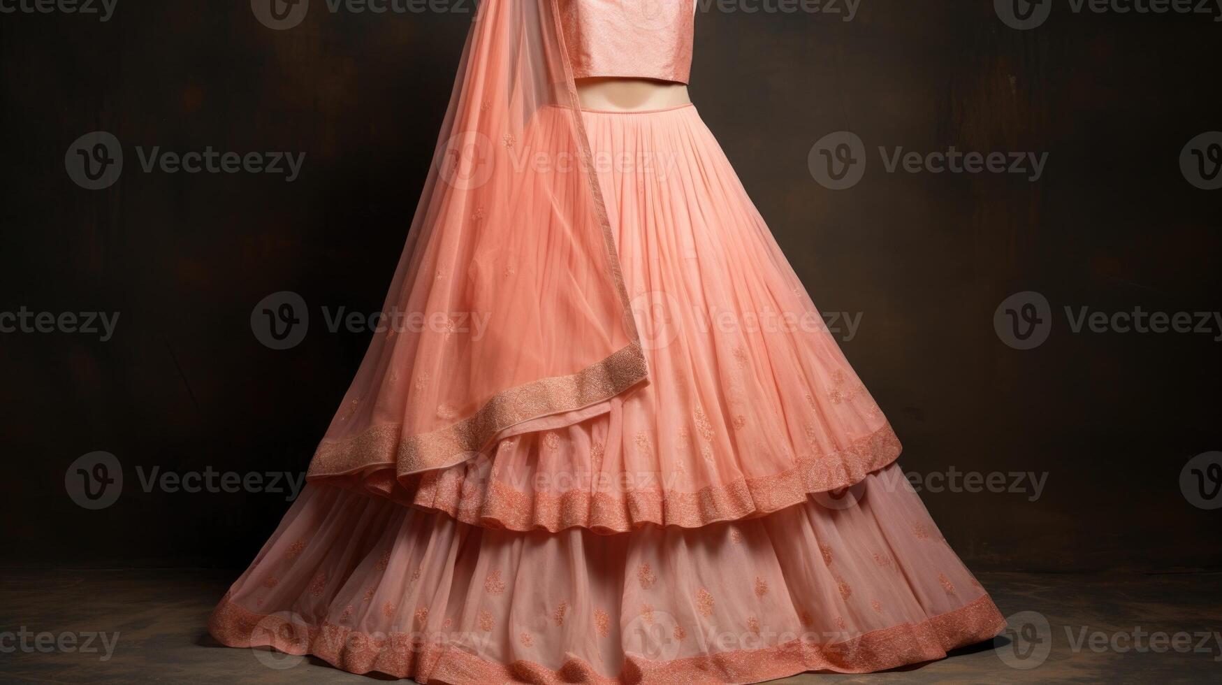 Minimalistic view of a Peach Fuzz colored lehenga choli, featuring a mix of traditional and contemporary designs. photo