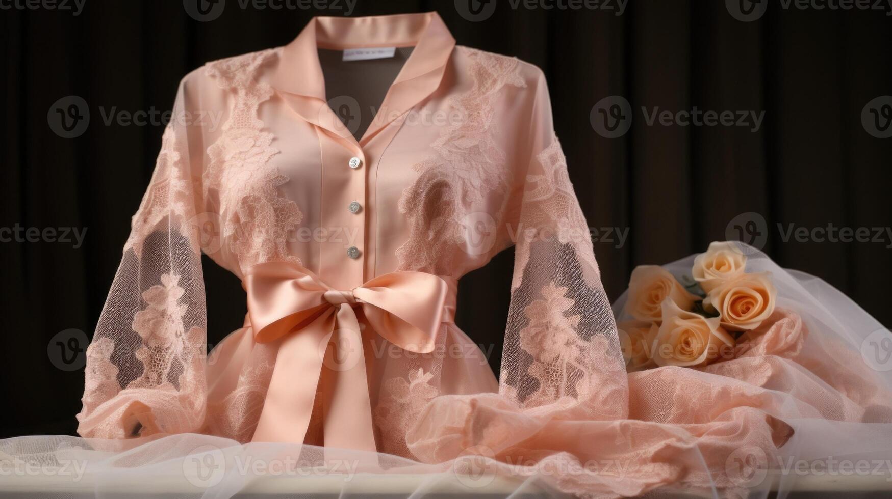 Beautifully crafted with Peach Fuzz satin and delicate lace, this set exudes both luxury and ity. photo