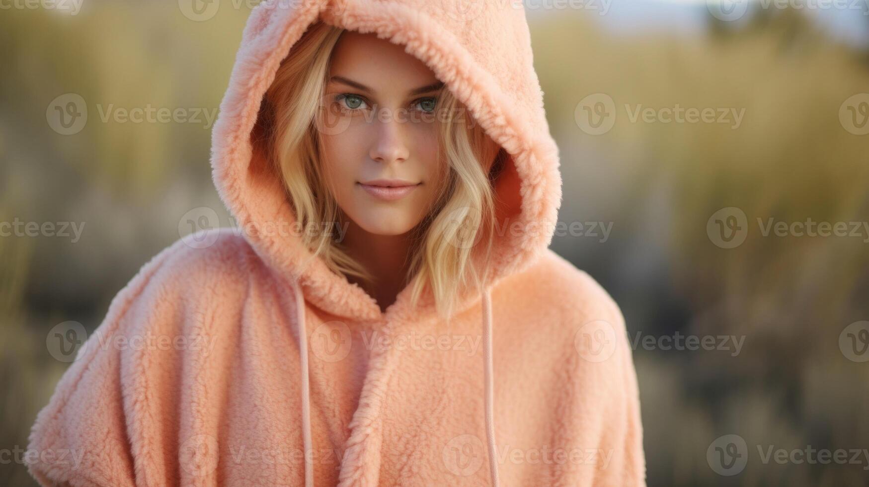 Closeup of a Peach Fuzz hooded cape, a fashionable and functional choice for braving winter winds. photo
