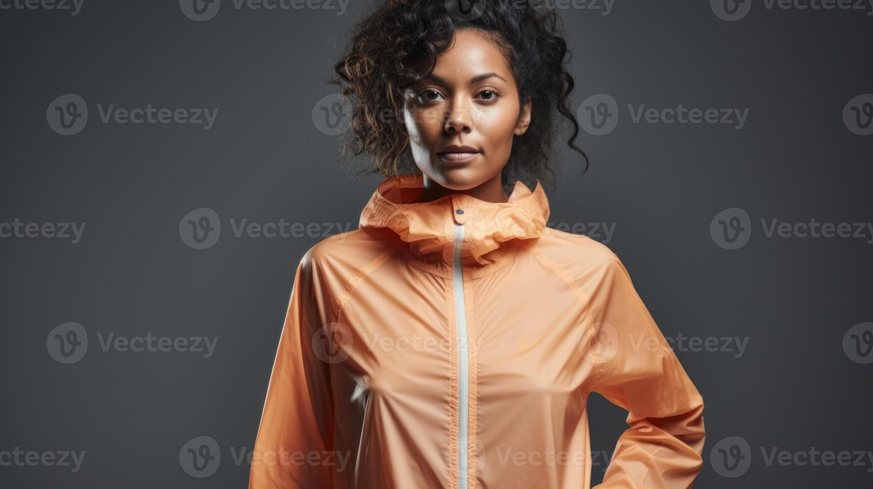 Minimalistic view of a Peach Fuzz windbreaker jacket, featuring a sporty design and waterresistant fabric to protect you during outdoor activities in light rain or windy conditions. photo