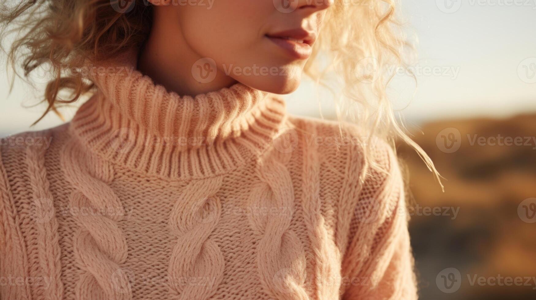 Closeup of a cable knit Peach Fuzz sweater, with a cozy turtleneck and ribbed detailing for added warmth. photo
