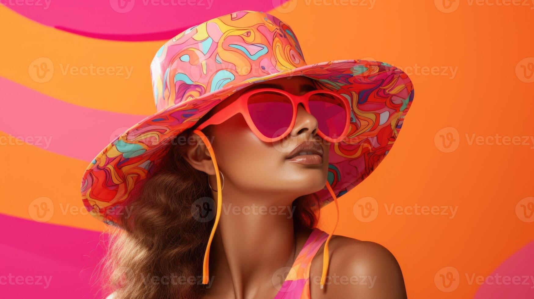 Minimalistic view of a Peach Fuzz bucket hat with a mix of bright colors and playful patterns, keeping you stylish and shaded during outdoor festivals. photo