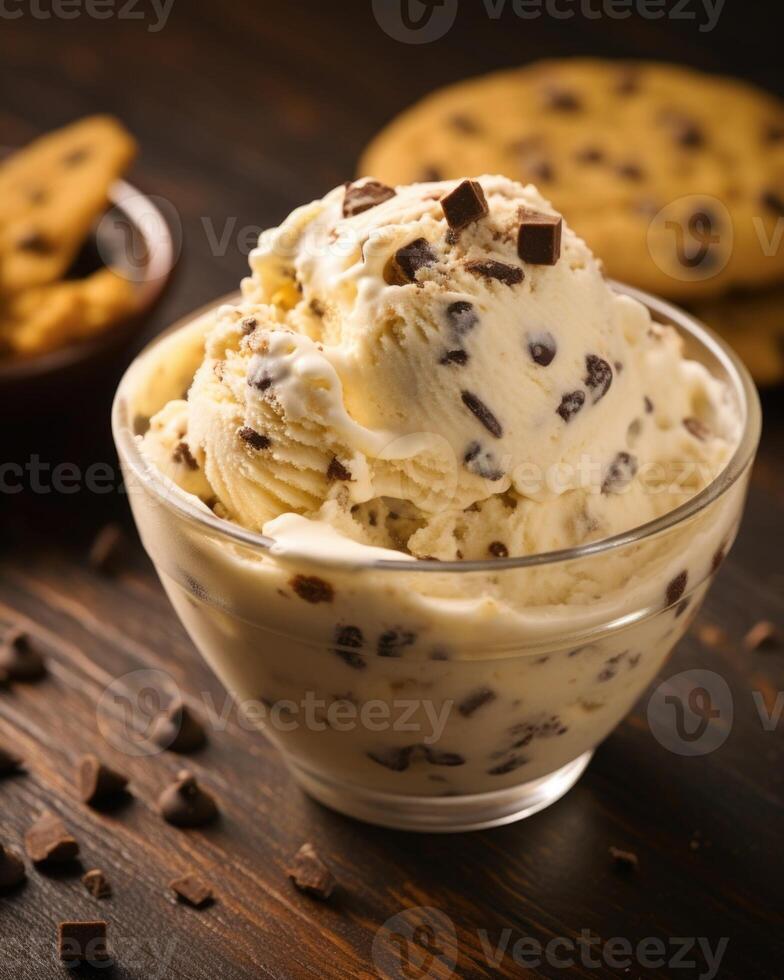 This mouthwatering closeup shot highlights the unique combination of creamy cookie dough infused with fragrant vanilla beans and garnished with crunchy cookie crumbs. photo