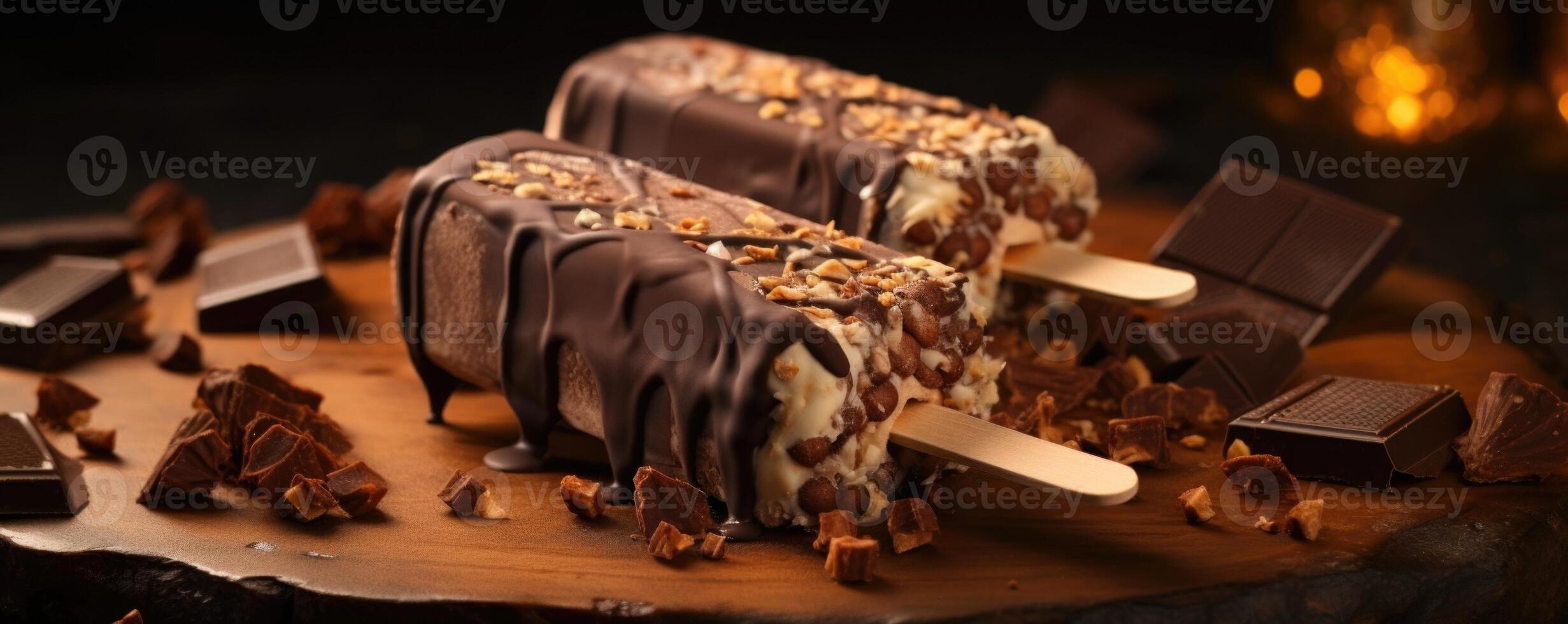 Treat yourself to a rich and indulgent popsicle featuring a velvety dark chocolate base, generously sprinkled with crunchy caramelized hazelnuts for a heavenly delight. photo