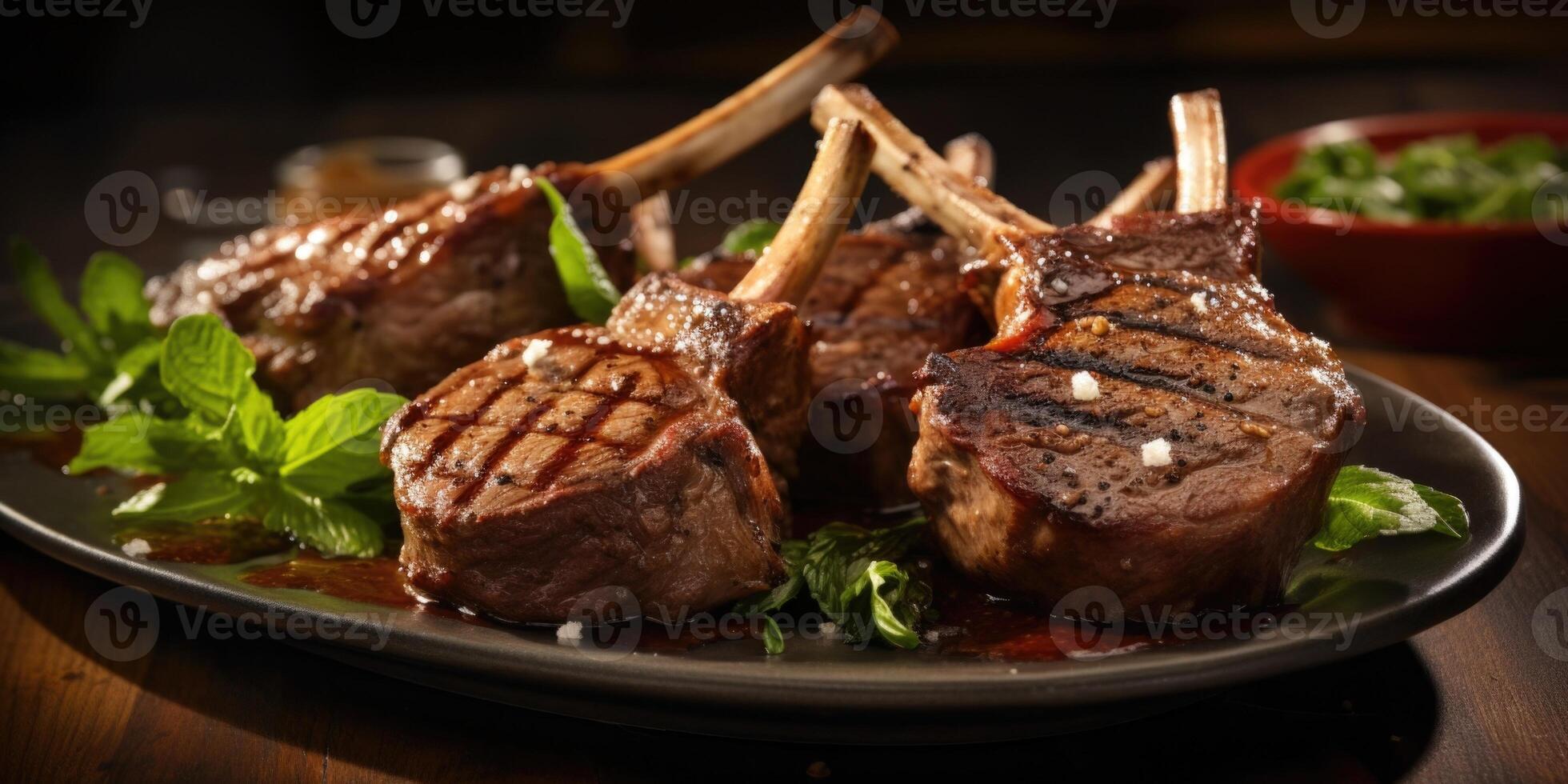 These lamb chops are a culinary masterpiece, cooked to perfection and accompanied by a luscious pan sauce that elevates the overall taste. photo