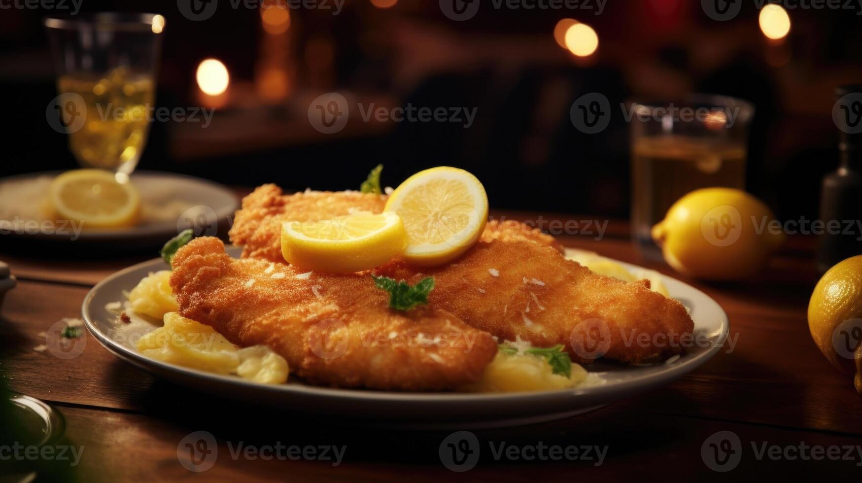 The Chicken Schnitzel is skillfully served with a side of tangy lemon wedges, ready to enhance the flavors and add a zesty twist to each bite. photo