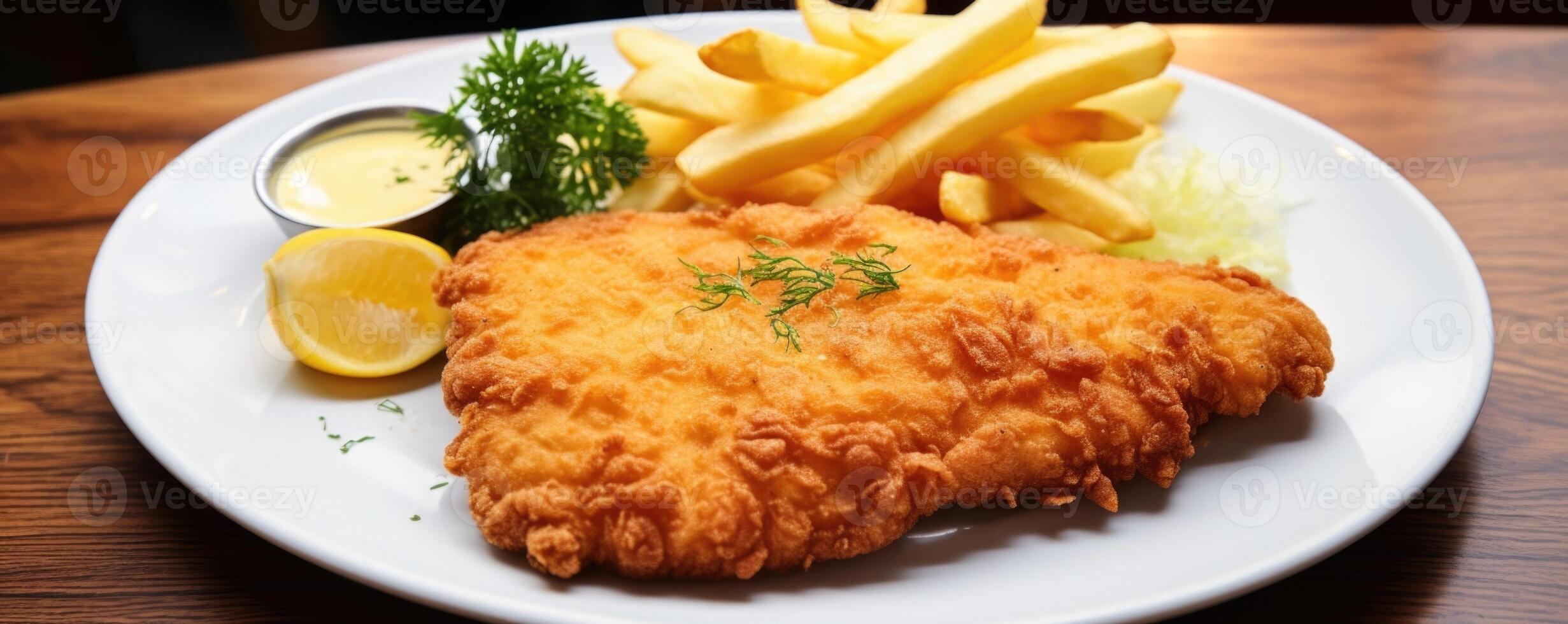 As you into the Chicken Schnitzel, its juicy interior is revealed, promising a burst of savory goodness that complements the crispy exterior. photo