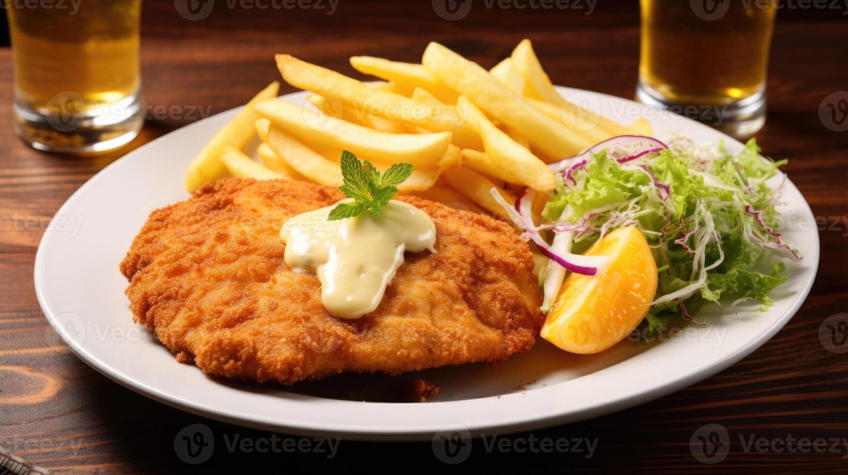 With its mouthwatering aroma and perfectly balanced texture, this Chicken Schnitzel is a culinary masterpiece that offers a delightful combination of crunch and tenderness. photo