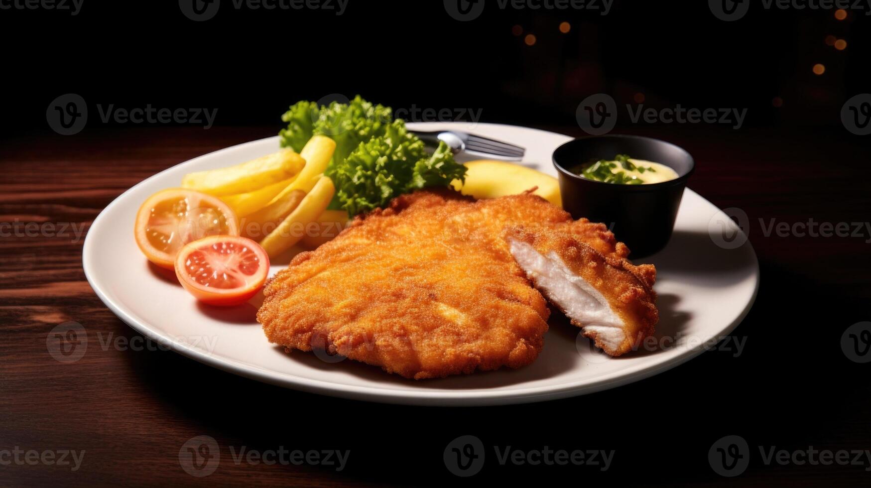 Expertly cooked to maintain its juiciness, the Chicken Schnitzel offers a delightful contrast of textures with its velvety meat encased in a crisp, golden shell. photo